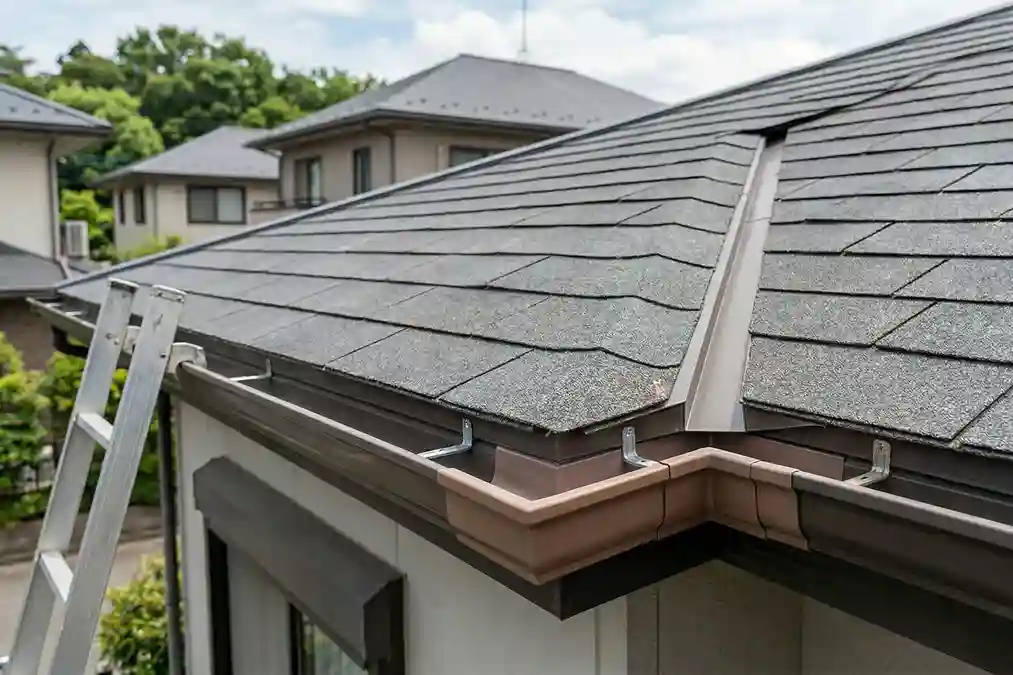 屋根の雨どい修理の作業風景