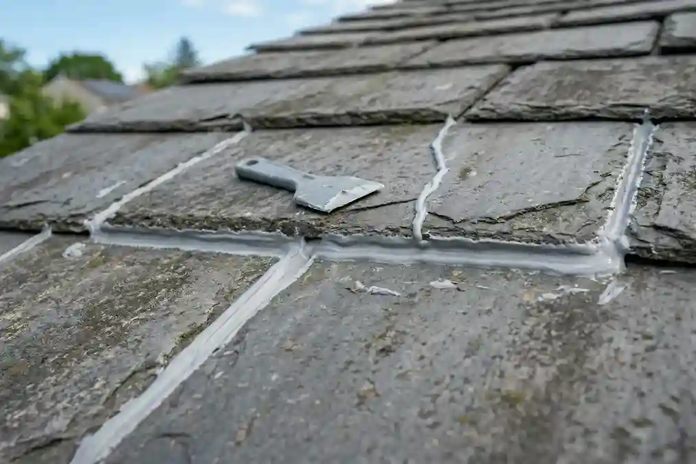 屋根のコーキング補修の作業風景