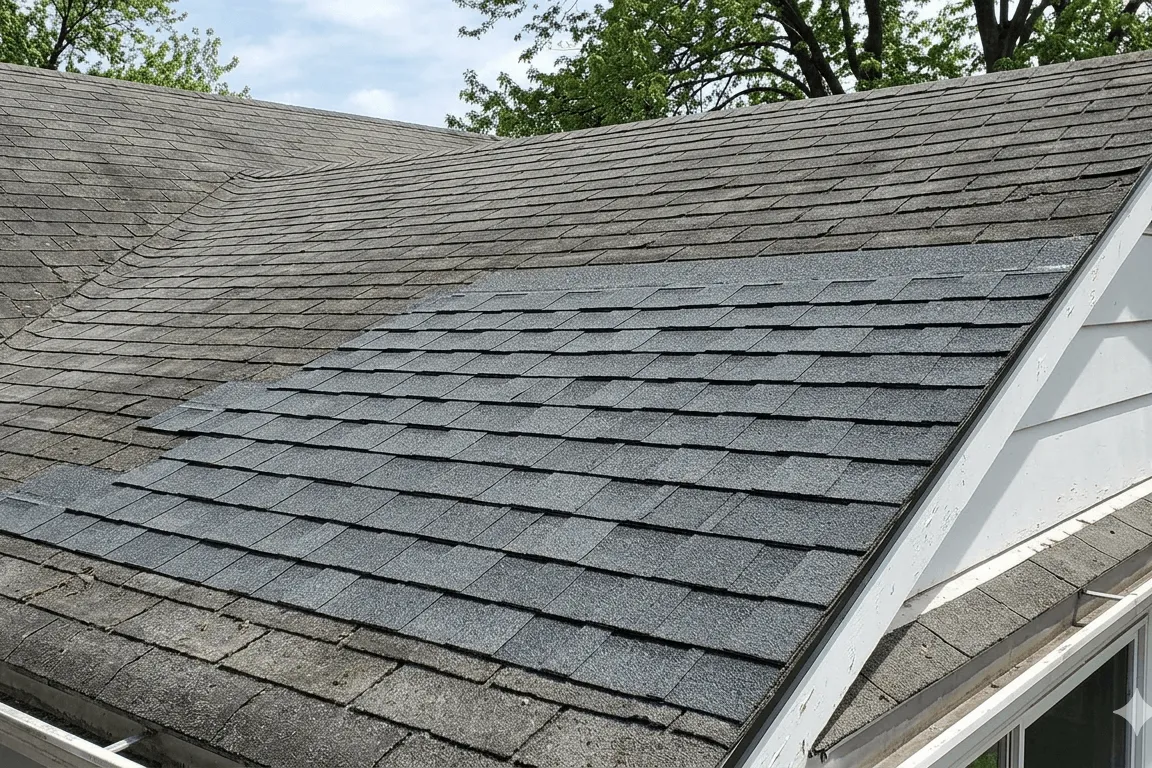 屋根の部分的な重ね葺きの作業風景