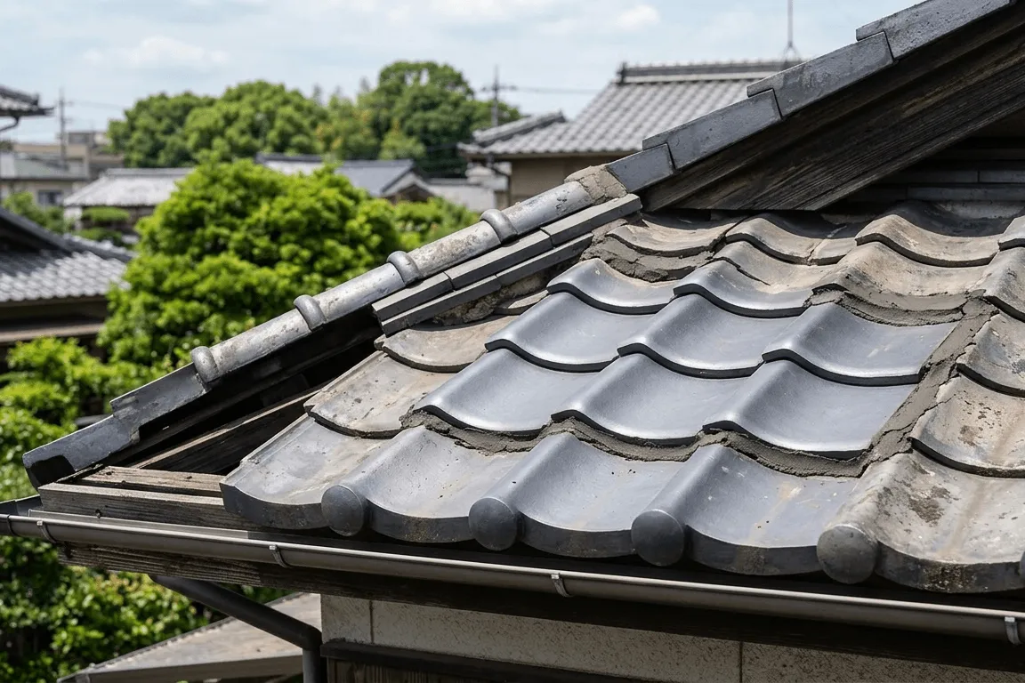 屋根の瓦のズレ・割れ補修の作業風景