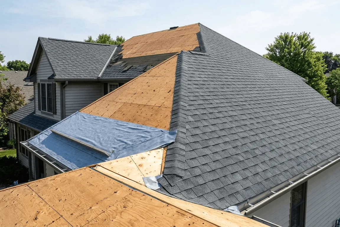 屋根の全面葺き替えの作業風景