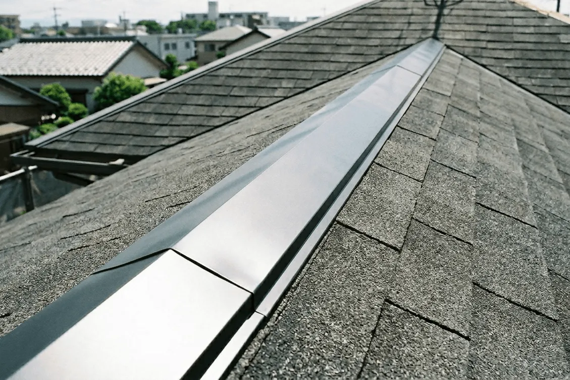 屋根の棟板金の交換・釘打ち直し作業風景