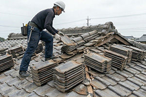 瓦交換工事の既存瓦撤去