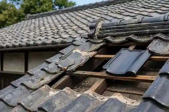 屋根の瓦の差し替えの作業風景