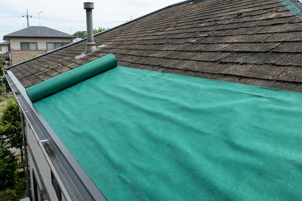 屋根修理のカバー工法の下地処理の作業風景