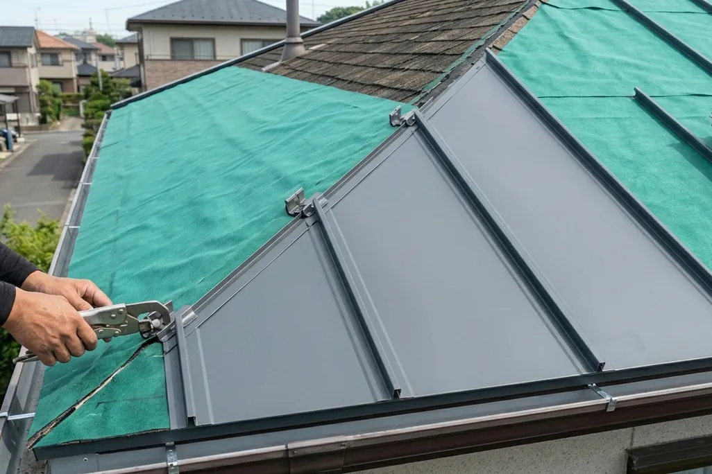 屋根工事のカバー工法の棟板金の補修・交換の作業風景