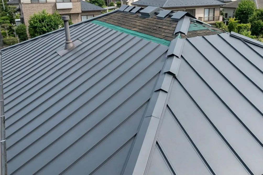 屋根修理のカバー工法のコーキング補修の作業風景