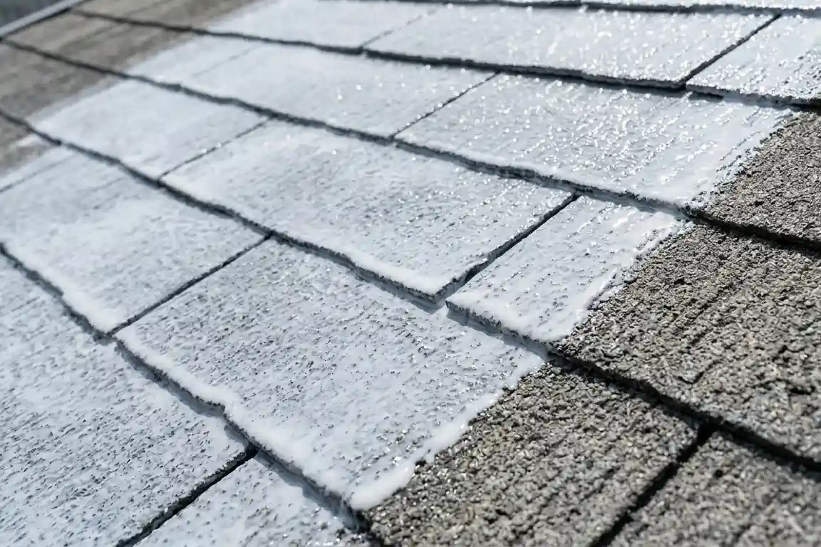 屋根の下塗りをしている