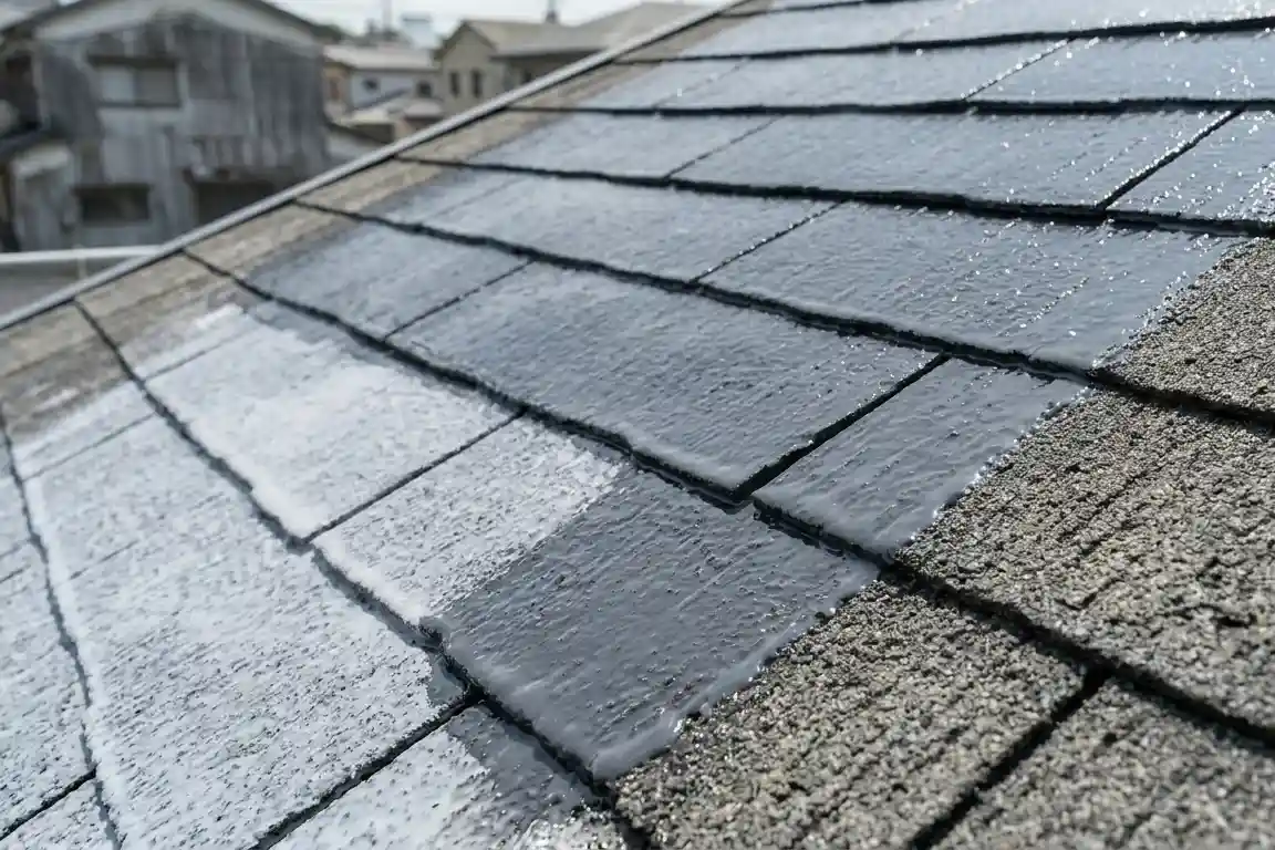 屋根の中塗りをしている